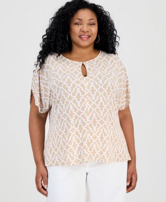 Plus Size Lattice-Print Keyhole Dolman-Sleeve Top