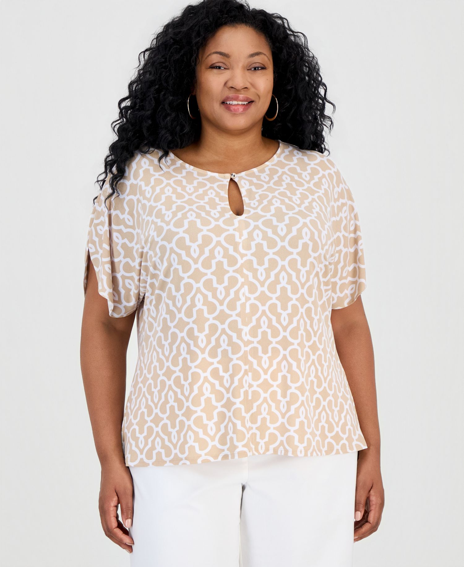 Petite Printed Keyhole Split-Sleeve Top