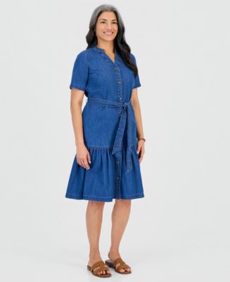 knee length dresses for ladies Washed Denim Tiered Midi Dress with Waist Tie