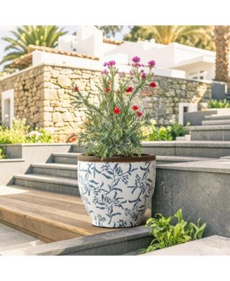 Blue Floral Ceramic Planter, 12.2" Round, Indoor & Outdoor Garden Pot