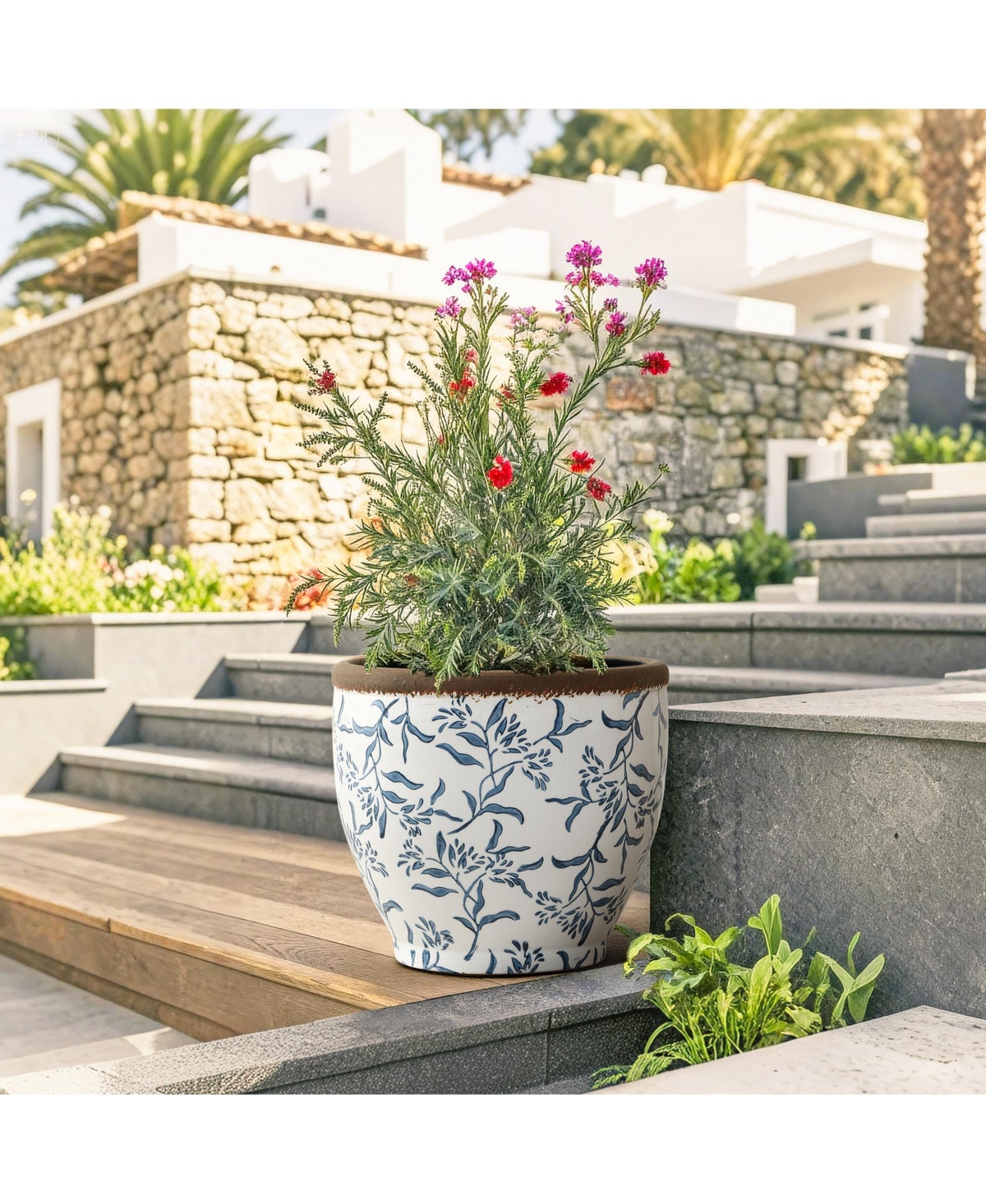 LuxenHome Blue Floral Ceramic Planter, 12.2" Round, Indoor & Outdoor Garden Pot