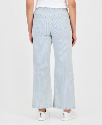 Petite Engineer-Stripe Pull-On Wide-Leg Jeans
