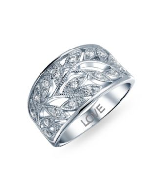 Pave Cubic Zirconia Open Filigree Wide Leaves Leaf Band Ring Sterling Silver