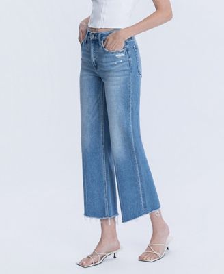 Women's High Rise Raw Hem Crop Slim Wide Leg Jeans