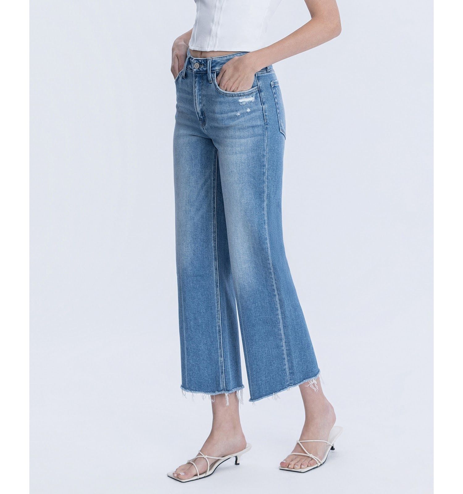 Women's High Rise Raw Hem Crop Slim Wide Leg Jeans
