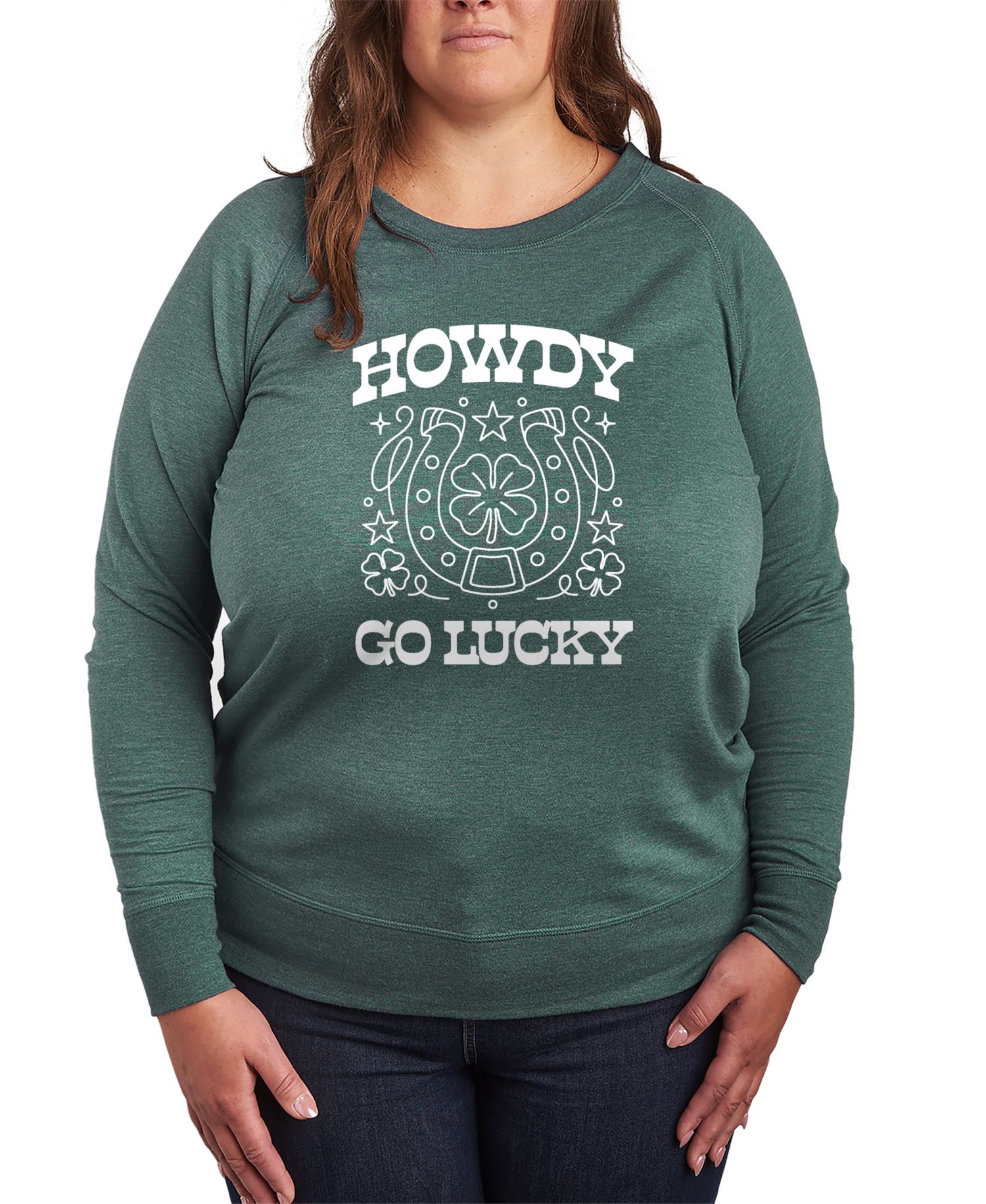 Plus Size Instant Message St. Patrick's Day Howdy Go Lucky French Terry Graphic Crewneck T-Shirt