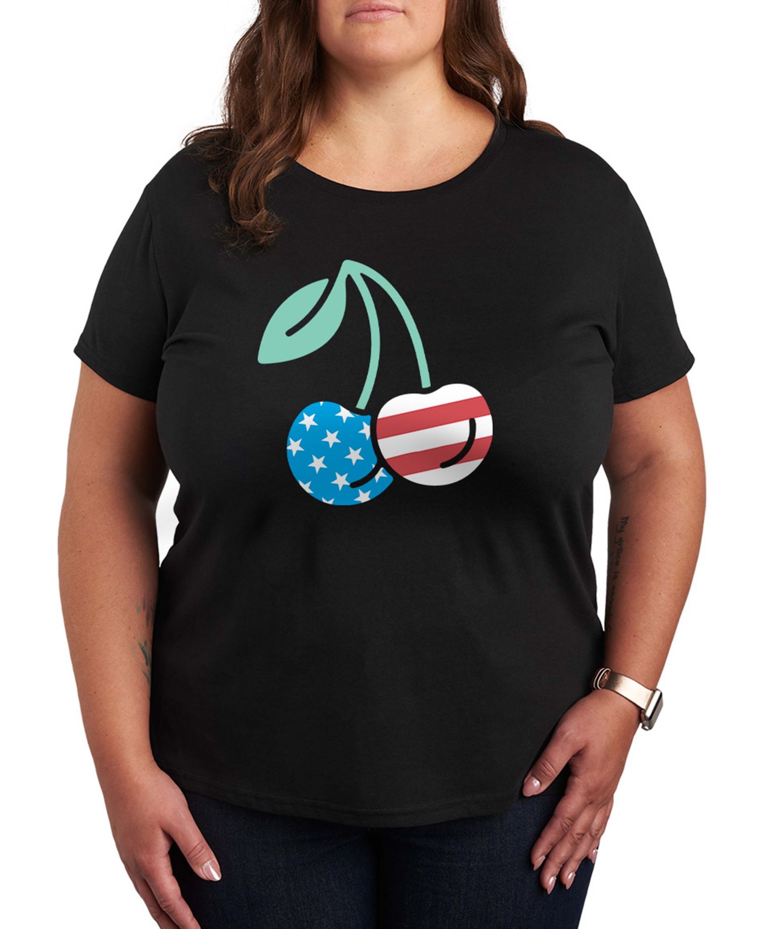 Plus Size Instant Message American Flag Cherries Graphic Crewneck T-Shirt