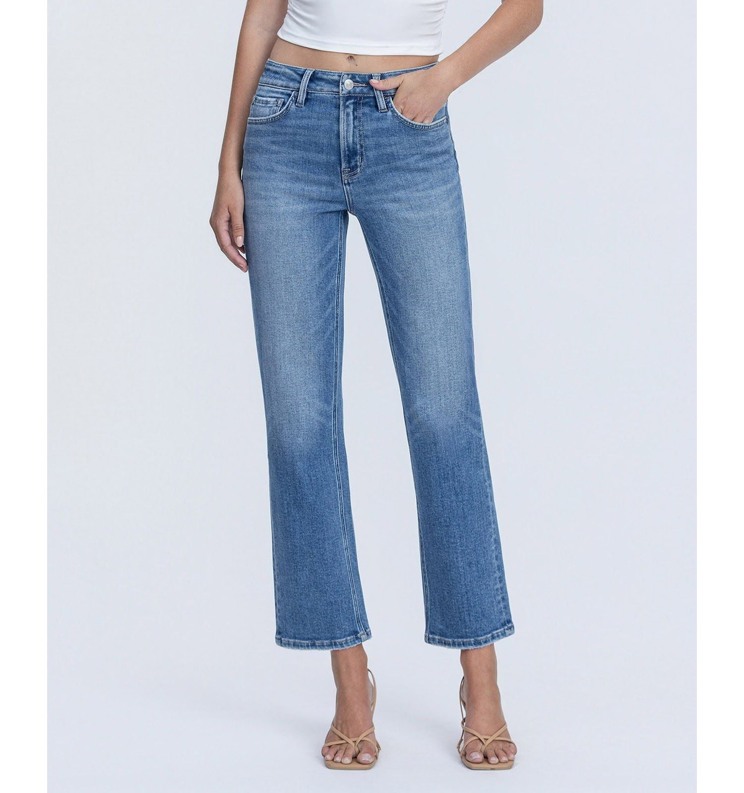 Women's High Rise Back Distressed Hem Ankle Straight Jeans