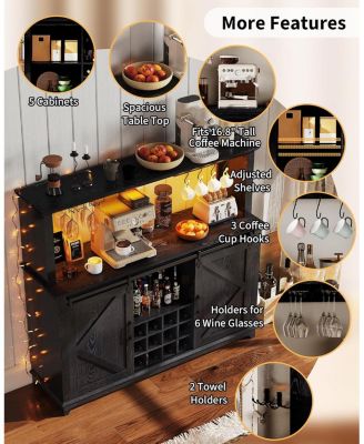 55in Coffee Bar Cabinet Power Outlet and LED Light Removable 12Bottle Wine Rack Sliding Barn Door Buffet Cabinet