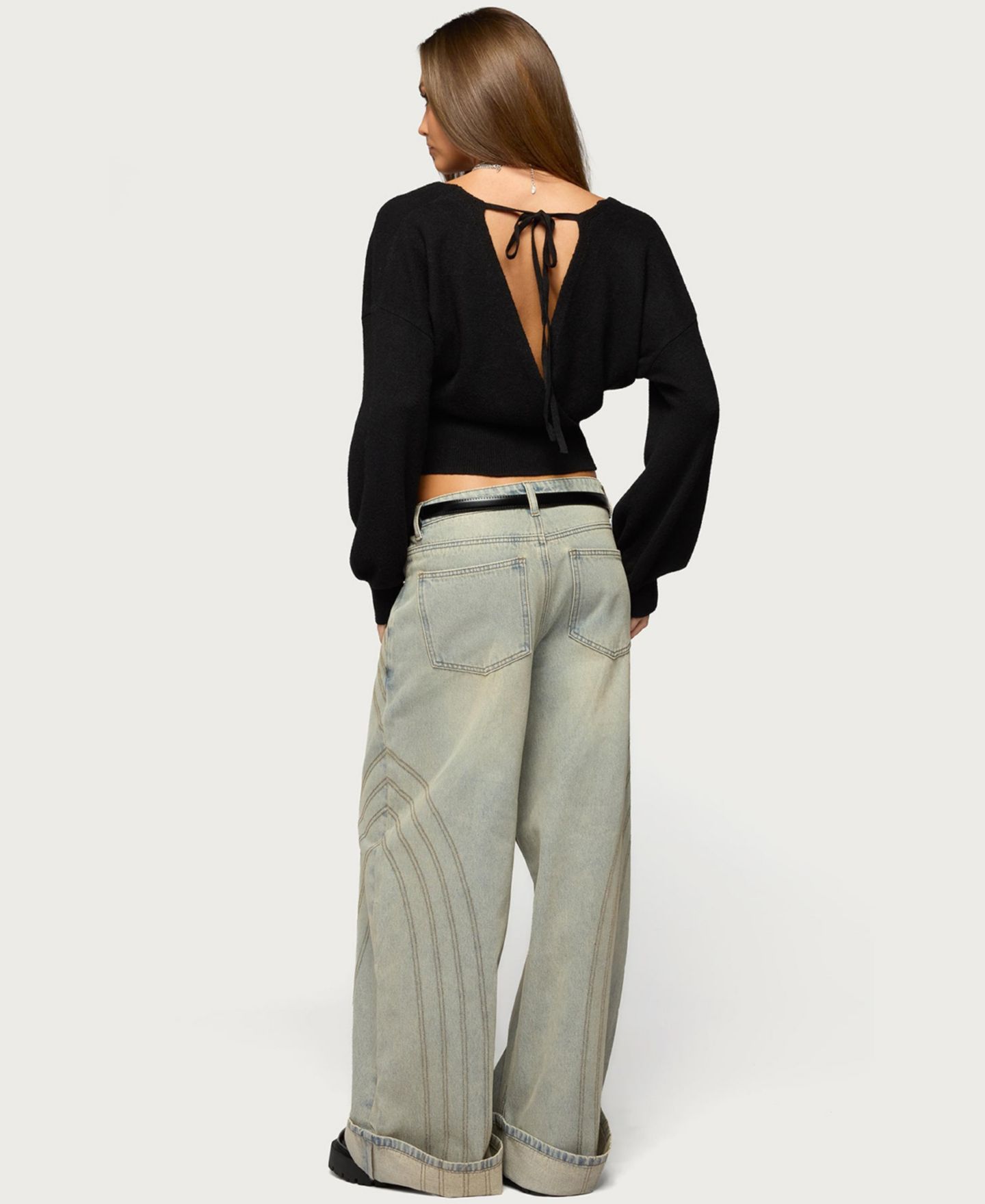 Женские джинсы Edikted Cuffed Low Rise Baggy, цвет: Синий винтажный потёртый — фото 3
