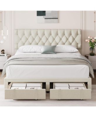 Bed Frame, Upholstered Platform Bed Frame with Storage Drawers, Mattress Foundation with Solid Wooden Slats Support