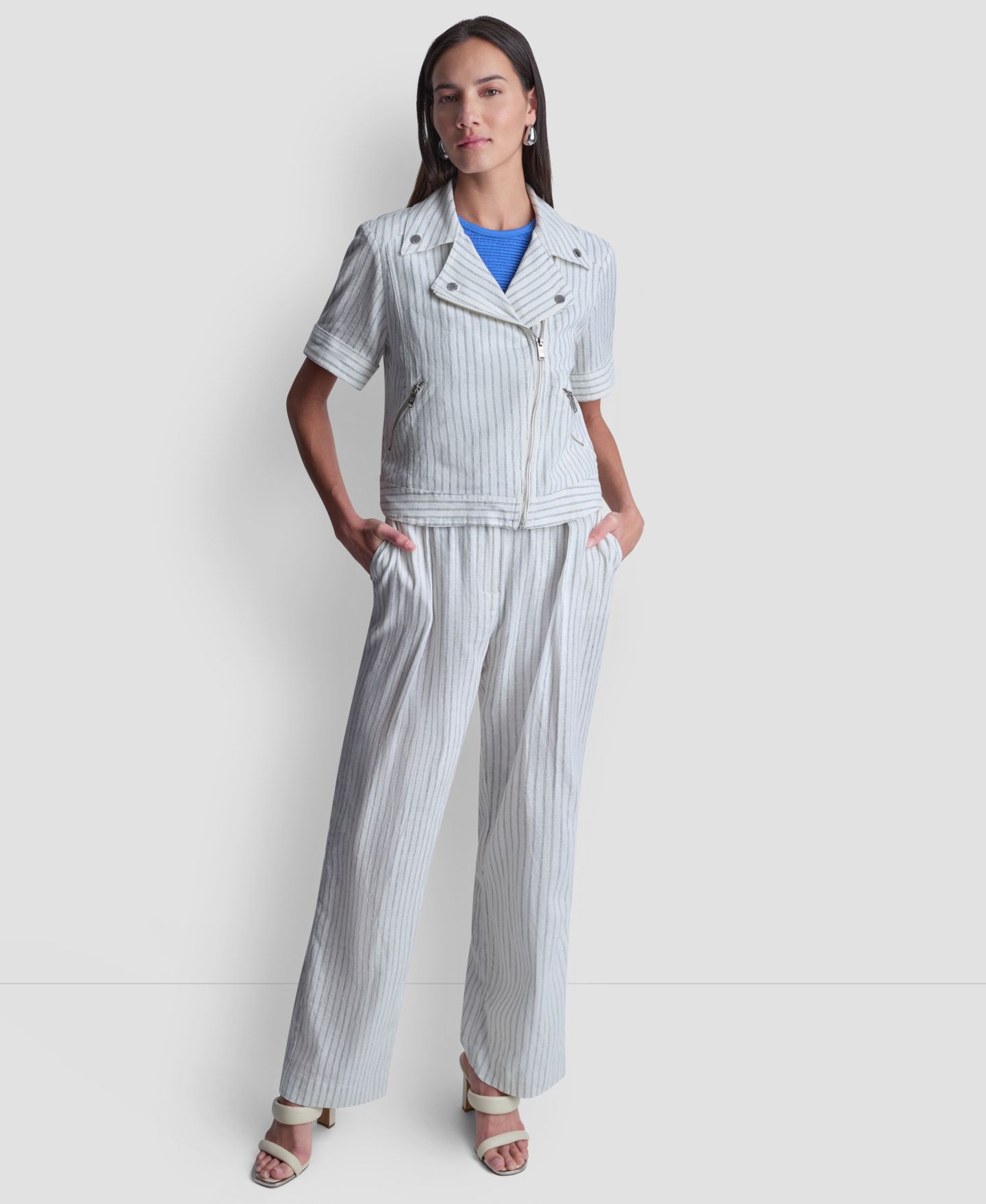 Женская куртка DKNY Striped Collared Neck, цвет: Слоновая кость / Тёмно-синий — фото 5