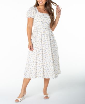 Juniors' Textured Floral Printed Puff-Sleeve Midi Dress