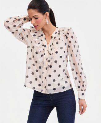 Women's Long-Sleeve Printed Ruffle-Front Blouse
