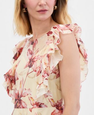 Women's Printed Ruffle-Sleeve Peplum Blouse