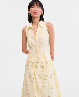 Women's Sleeveless Collared Linen Button-Down Shirt