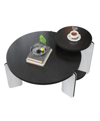 32.68" & 16.93" Round Coffee/End Table Set - Black Oak Veneer, Sintered Stone Legs
