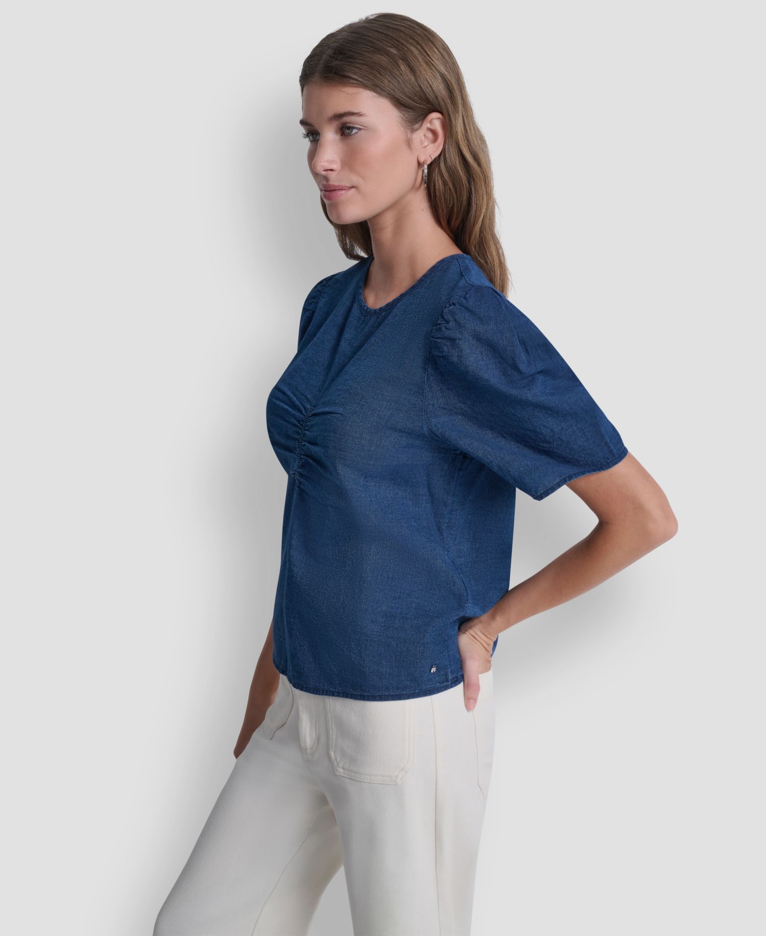 Petite Puff Short-Sleeve Crew Neck Ruched Shirt