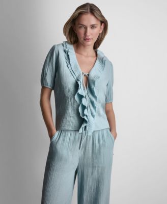 Petite Puff Short-Sleeve Tie-Front V-Neck Shirt