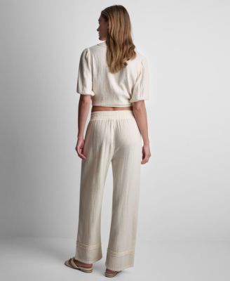 Petite Smocked Encased Elastic Waistband Ankle Length Pants