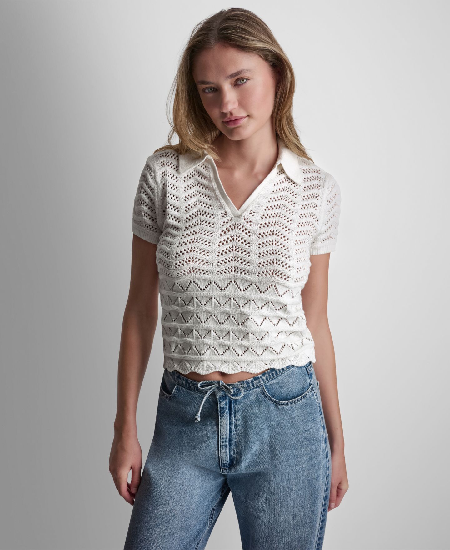 Женский свитер DKNY Jeans Petite Short-Sleeve V-Neck Polo Pointelle, цвет: Слоновая кость — фото 1