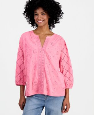 Women's Split-Neck Eyelet-Embroidered Top