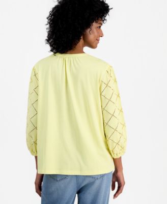 Petite Solid Knit Eyelet Top