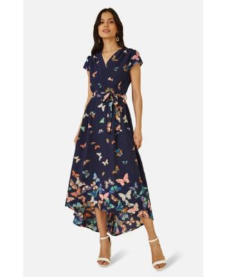 Women's Butterfly Print Dip Hem Midi Wrap Dress