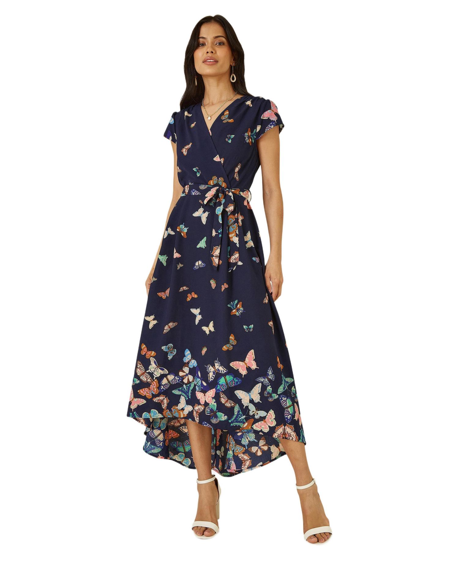 Women's Butterfly Print Dip Hem Midi Wrap Dress
