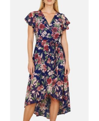 Women's Floral Wrap Midi Dress With Frill Hem