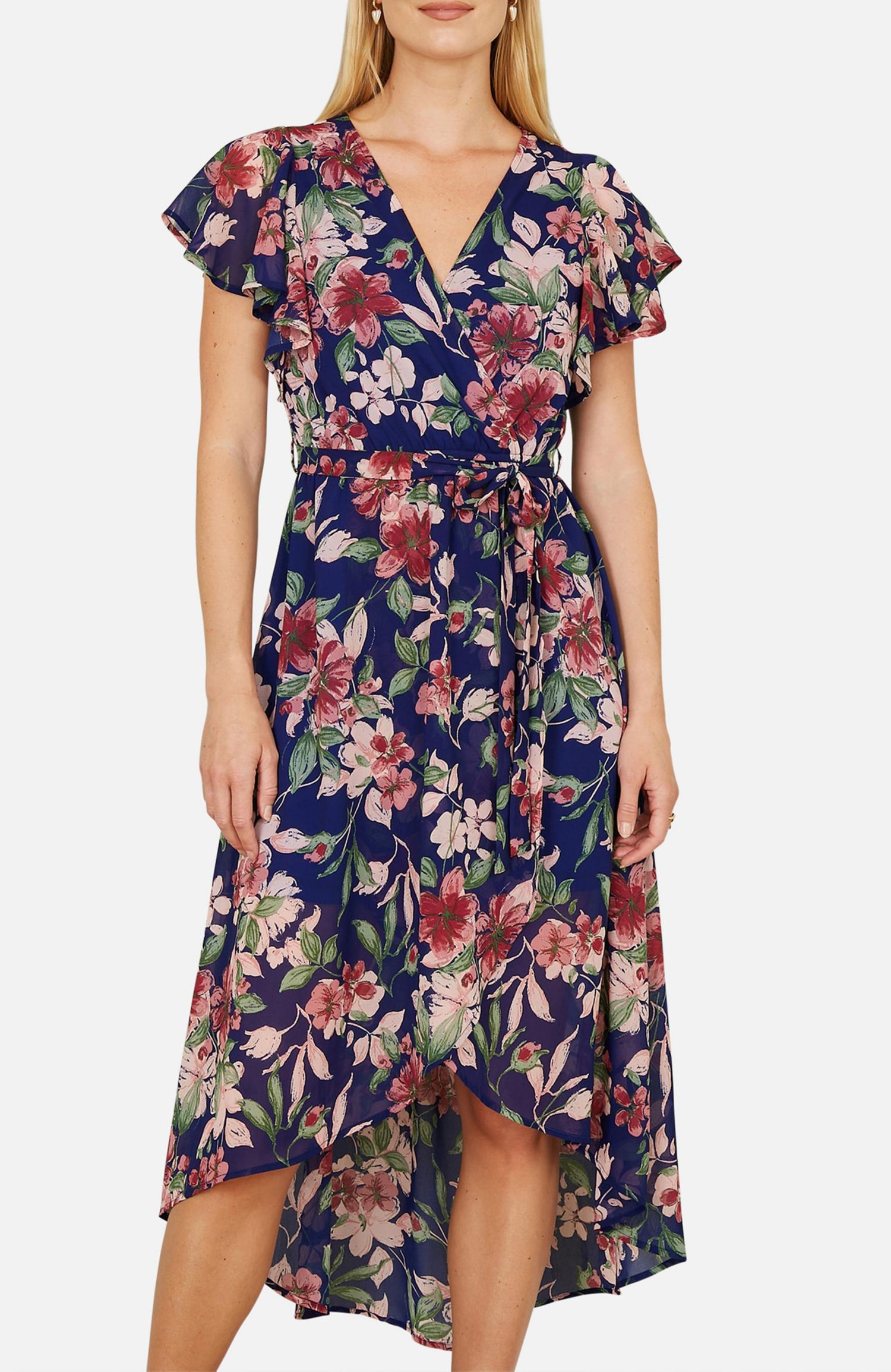 Women's Floral Wrap Midi Dress With Frill Hem