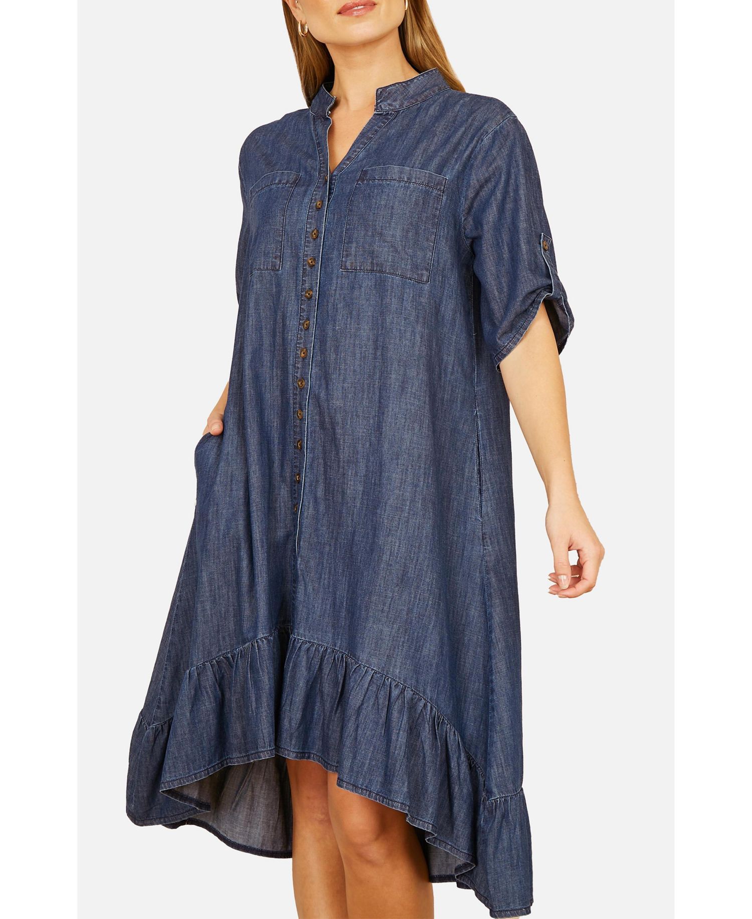 Women's Denim Dip Hem Relaxed Fit Shirt Dress