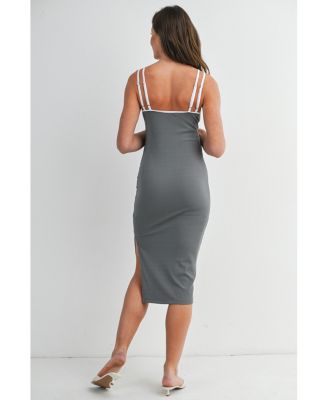 Maternity Ribbed Bodycon Midi Dress with Double Straps and Side Slit