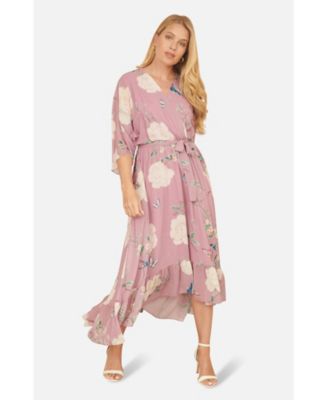 Women's Bird And Floral Print Midi Wrap Dress