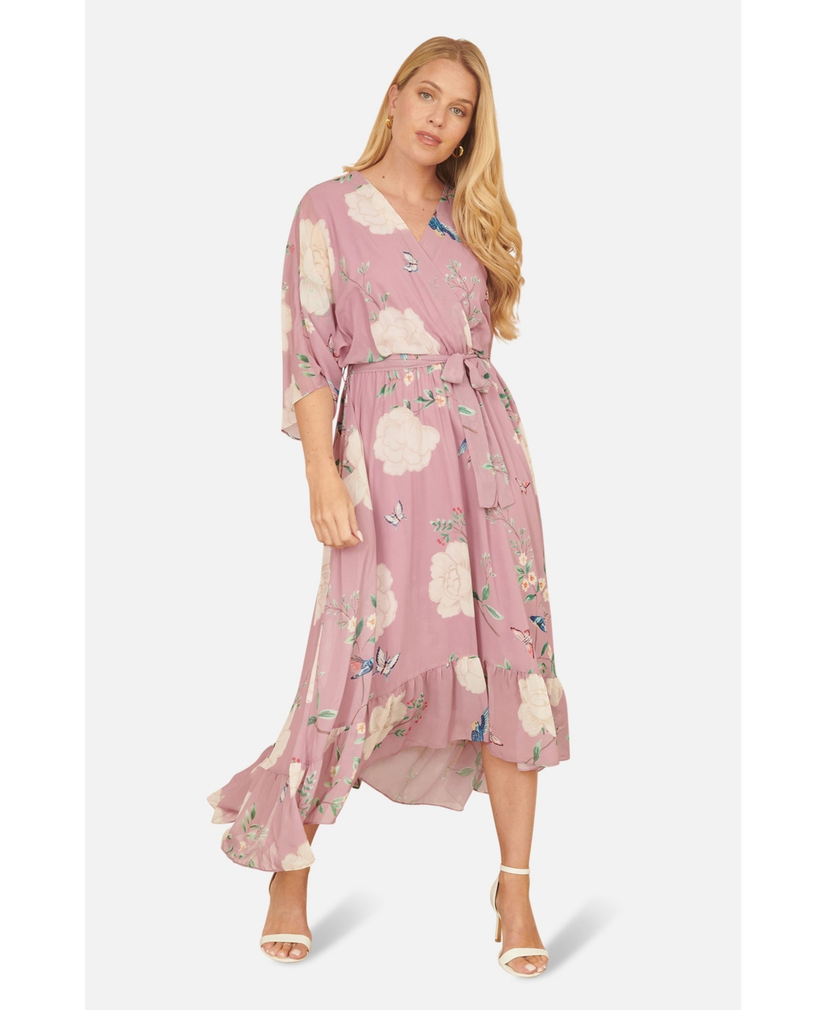 Yumi Women's Bird And Floral Print Midi Wrap Dress
