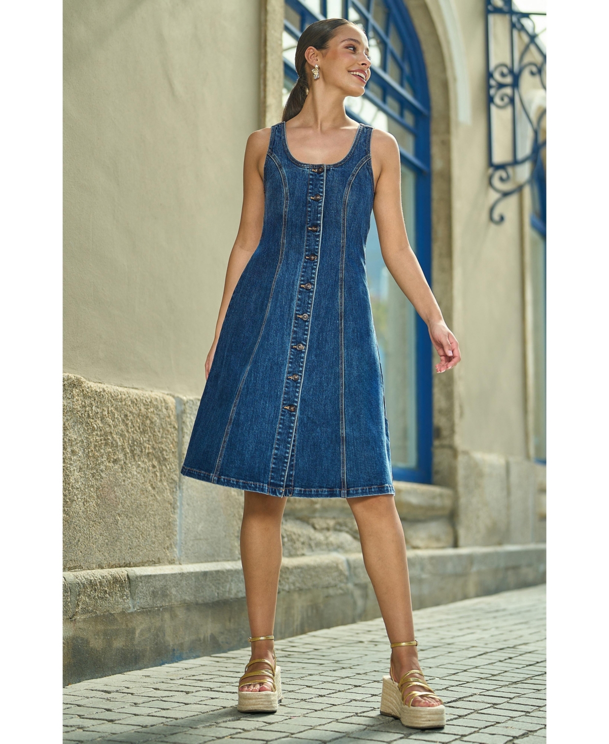 Yumi Women's Stretch Denim Panel Fitted Dress