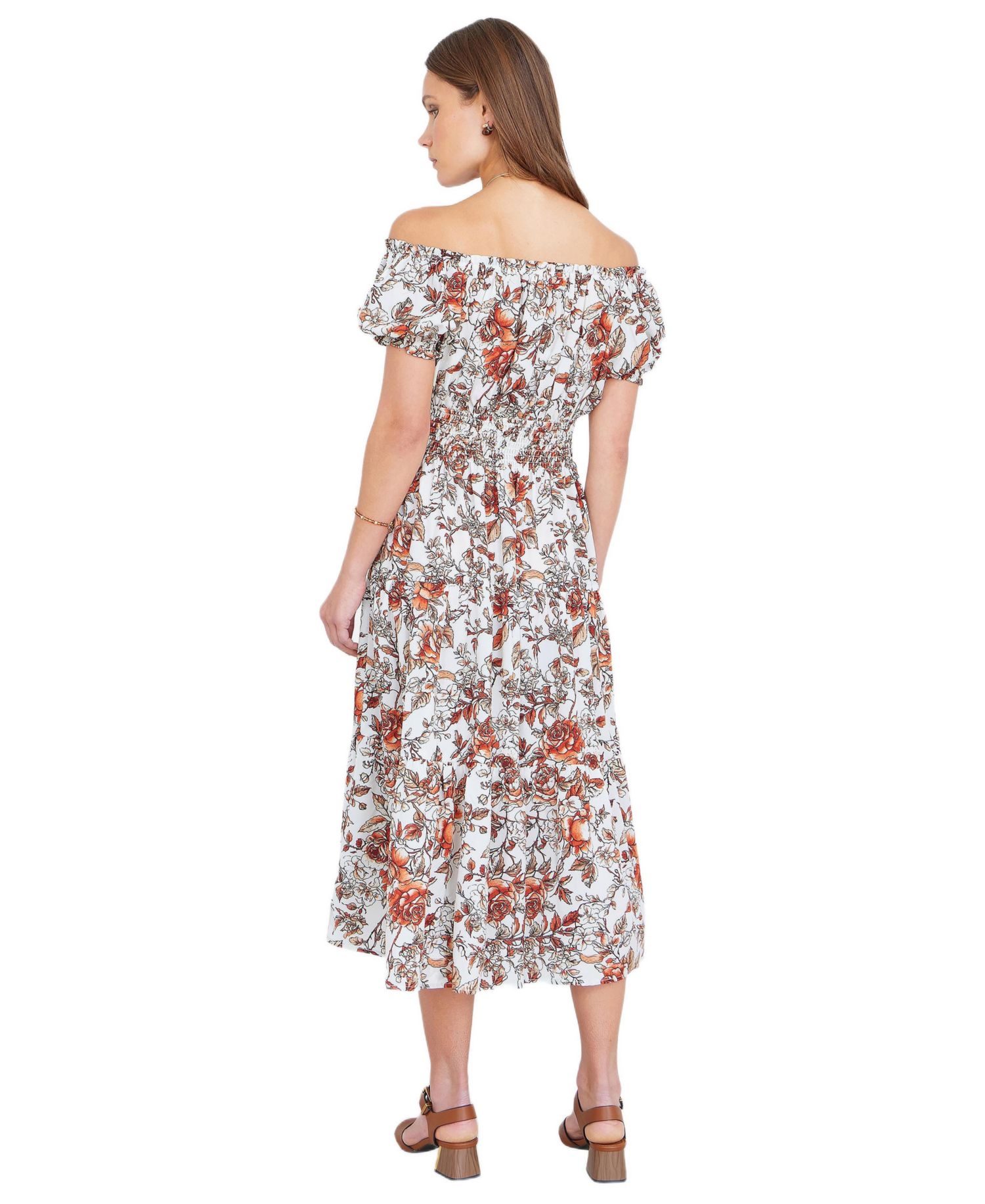 Women's Floral Ruched Waist Midi Dress