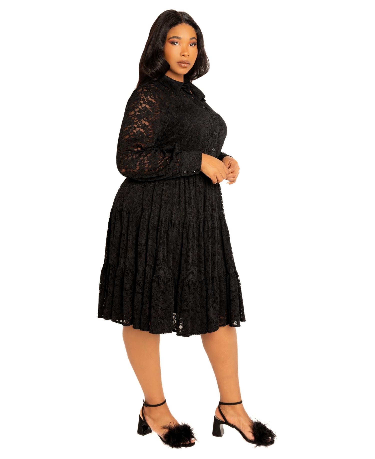 Women's Plus Size Lace Long Sleeve Tiered Shirt Dress