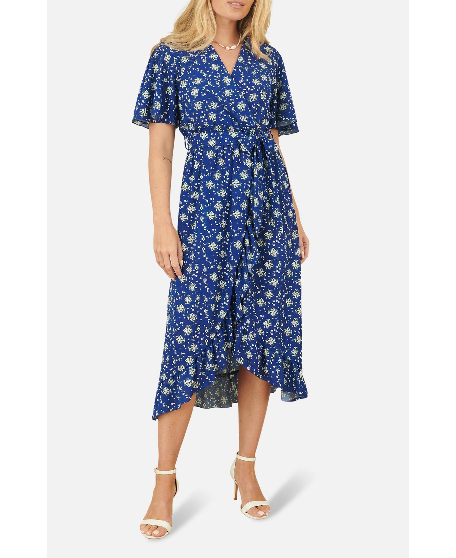 Women's Frilled-Hem Wrap Midi Dress