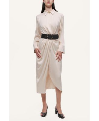 Women's Belted Draped Shirt-Collar Maxi Dress