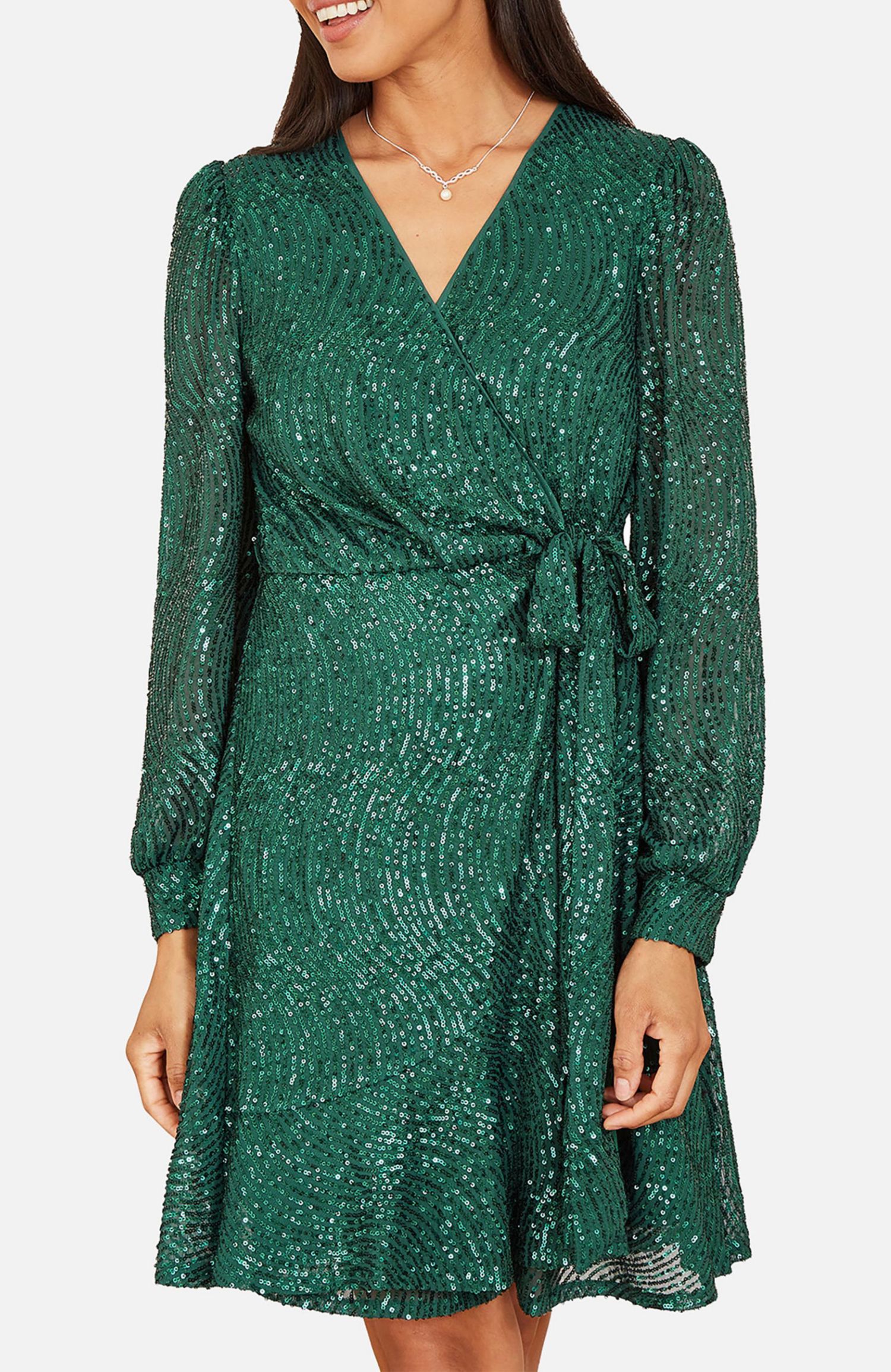 Women's Sequin Long Sleeve Frill Wrap Dress