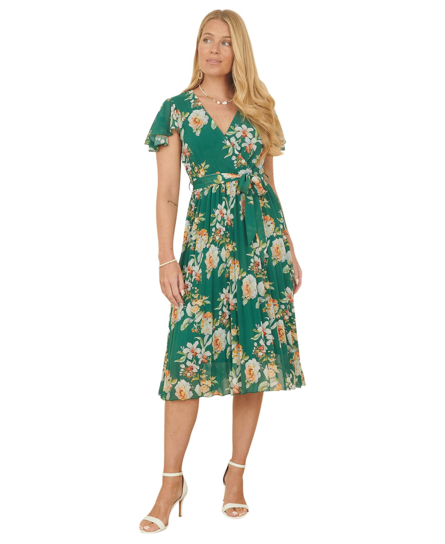 Women's Pleated Floral Tie-Waist Wrap Midi Dress