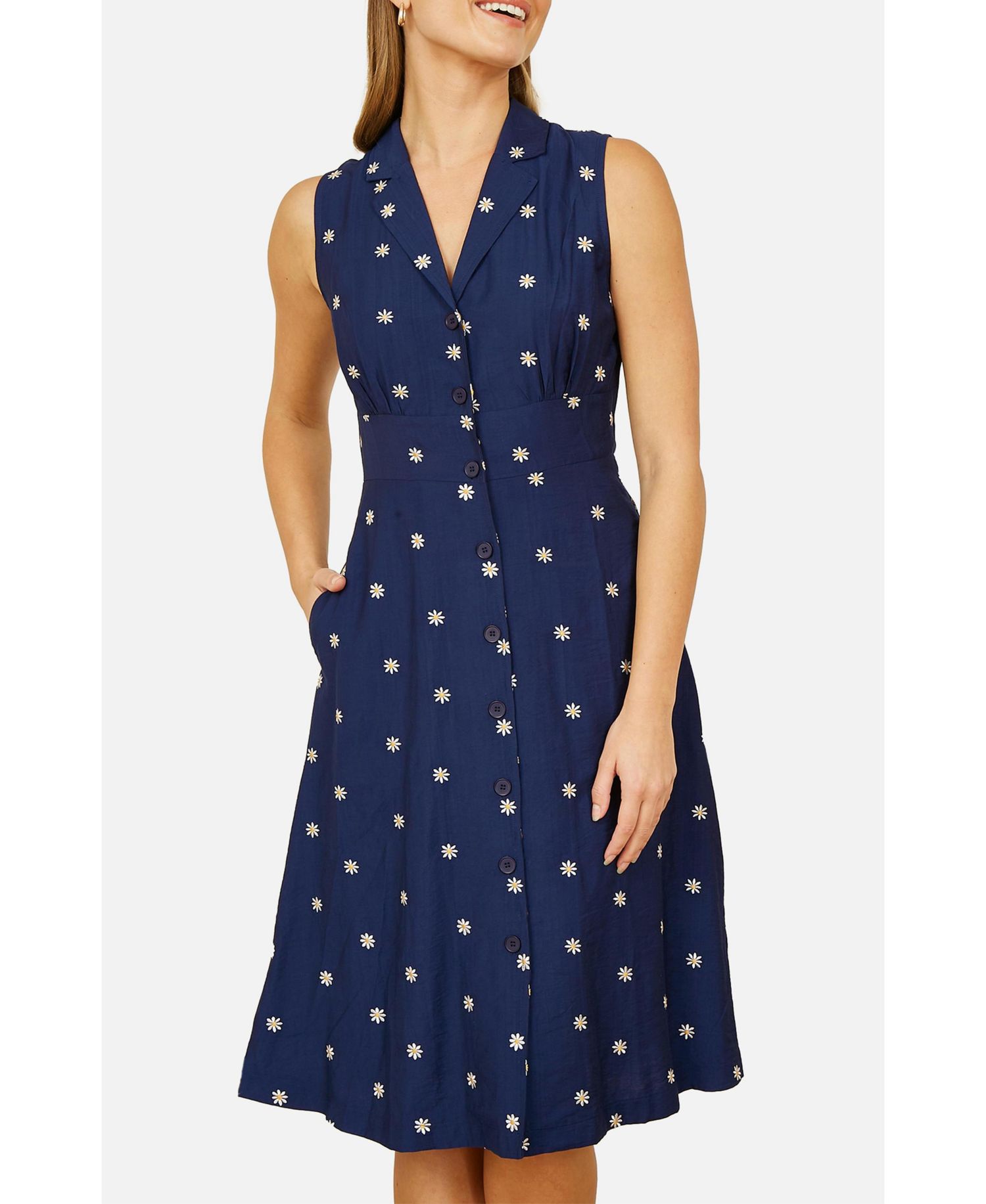 Women's Daisy Print Sleeveless Shirt Dress