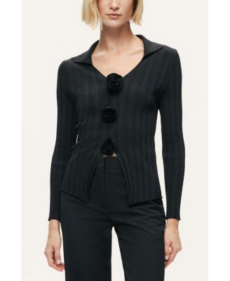 Women's Floral Embellished Ribbed V-Neck Sweater