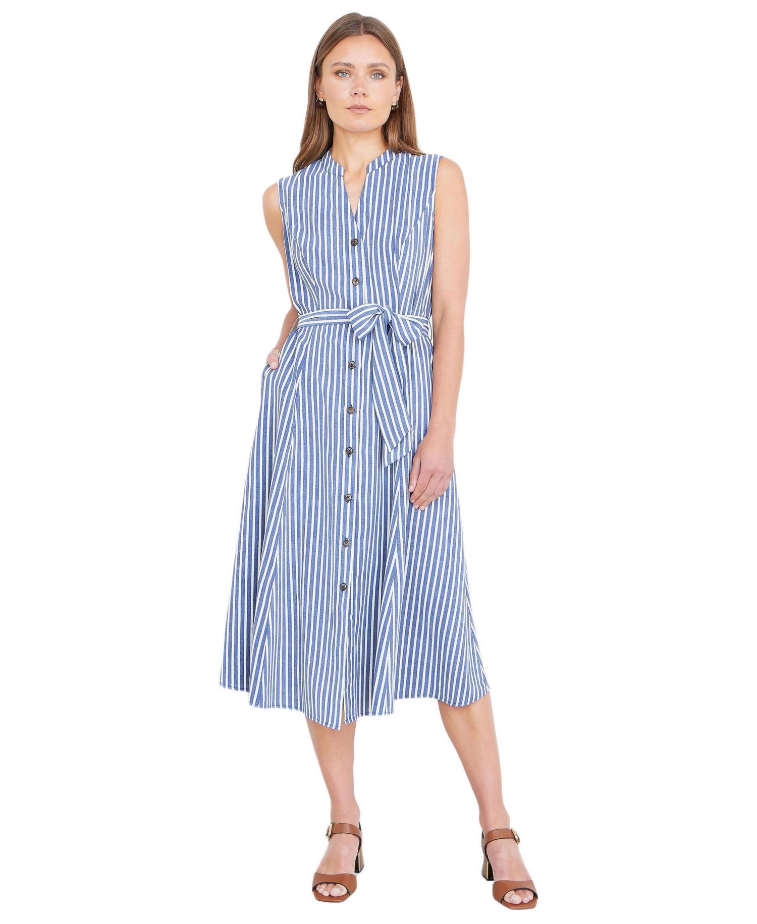 Women's Stripe Midi Sleeveless Shirt Dress