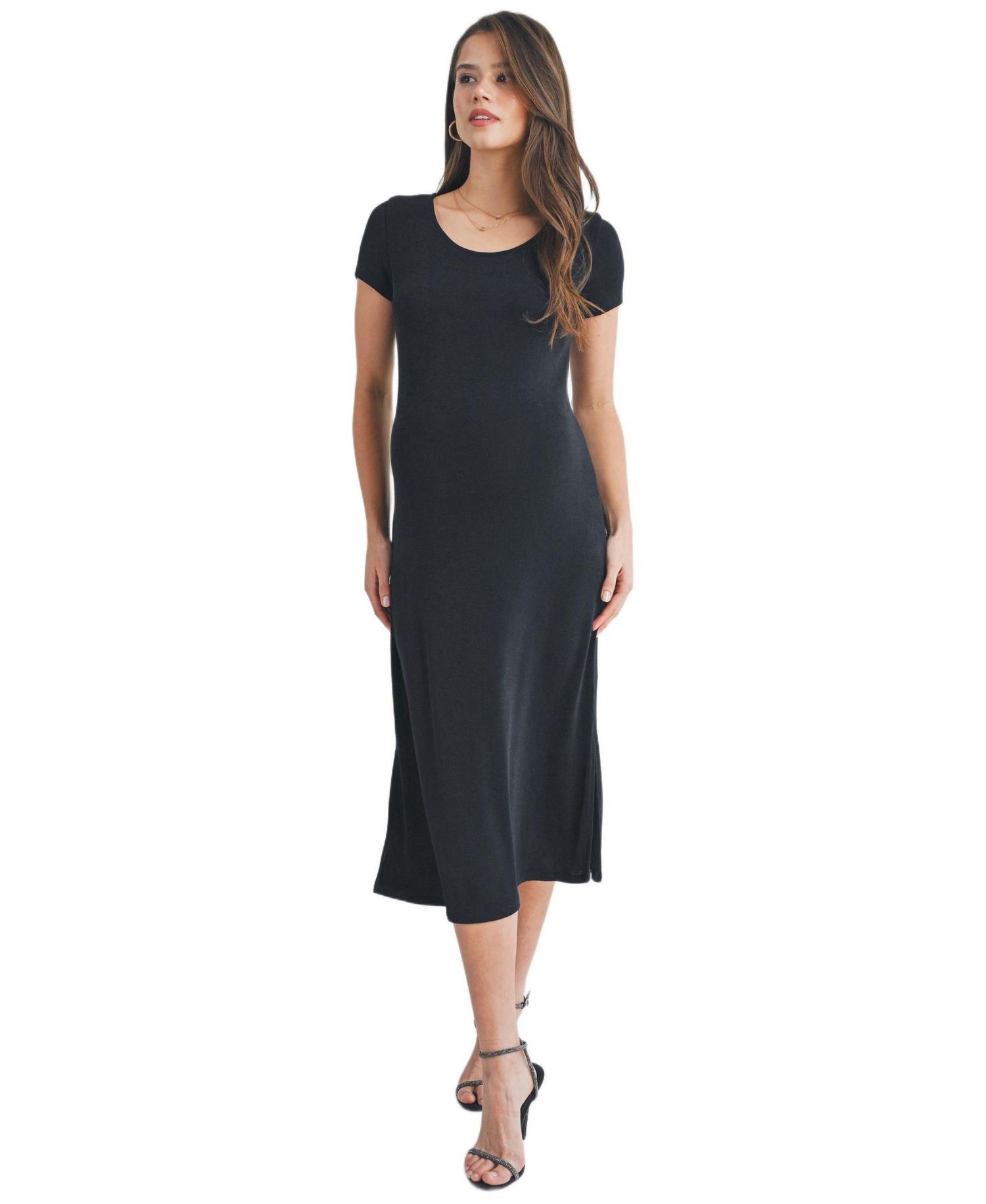 Women's Scoop Neck Short Sleeve Midi Dress with Side Slit