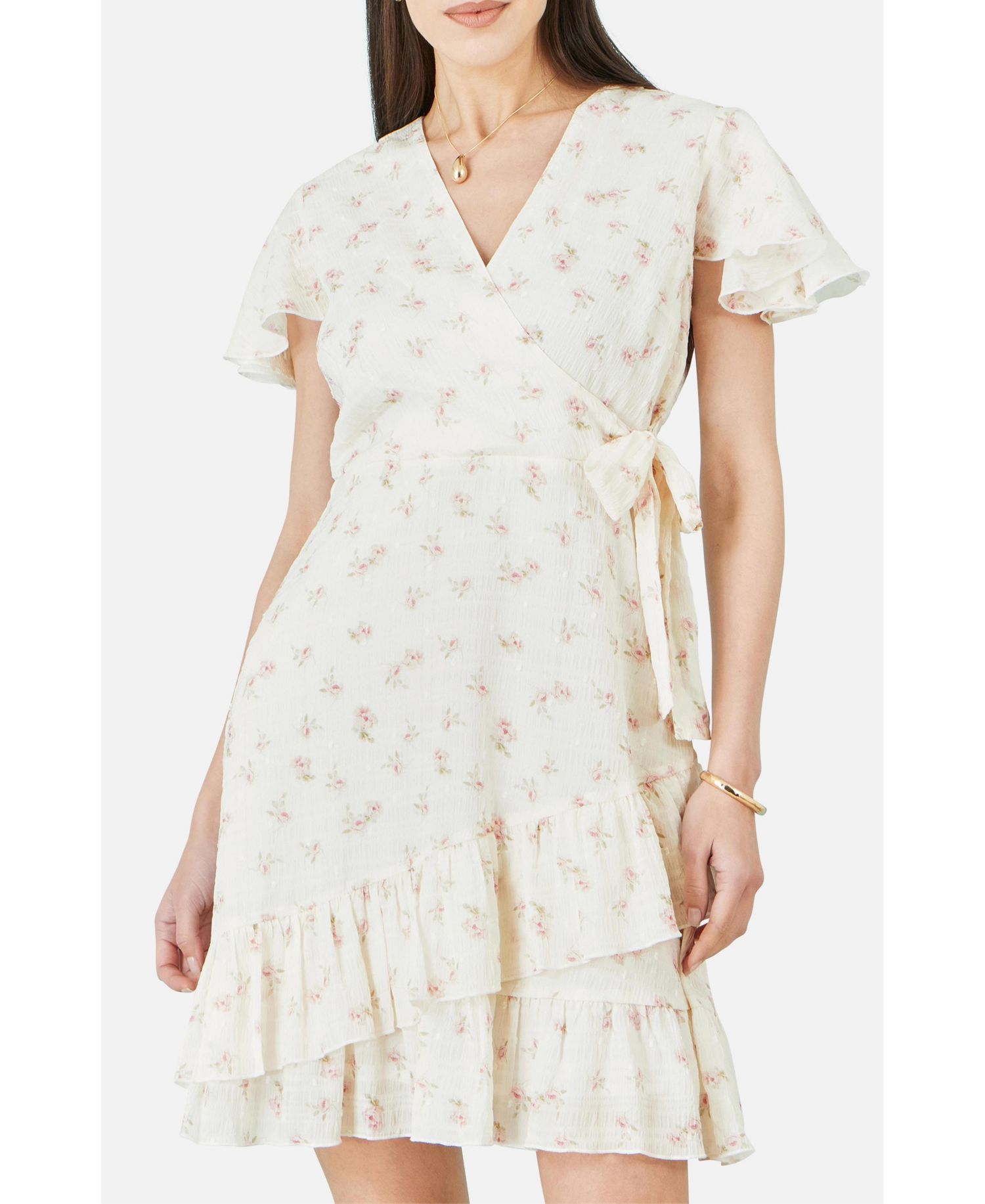 Women's Rose Print Wrap Over Frill Dress