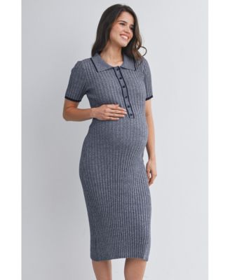 Women's Maternity Collared Ribbed Knit Midi Dress with Button-Front Nursing Access
