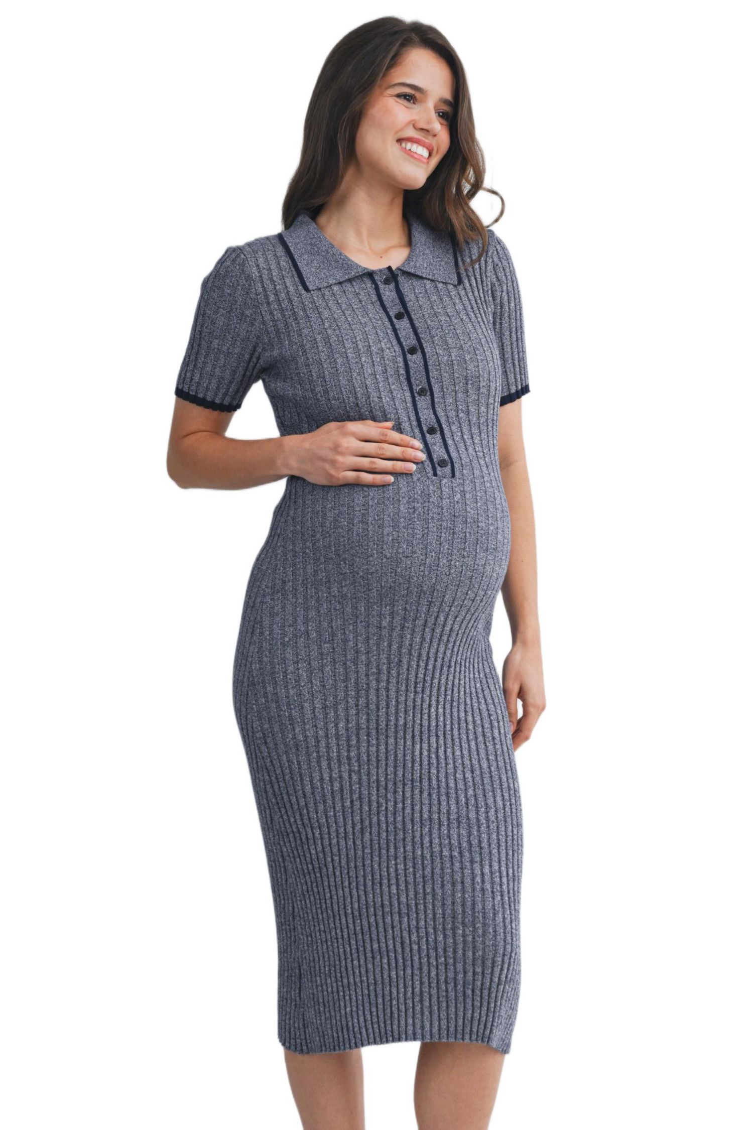 Women's Maternity Collared Ribbed Knit Midi Dress with Button-Front Nursing Access