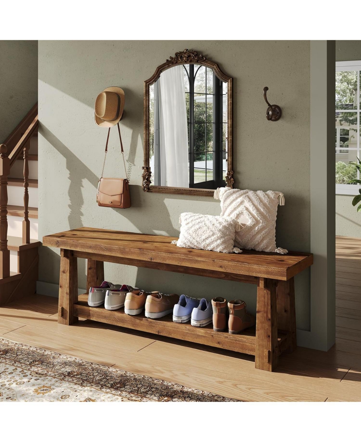 Tribesigns 55" Solid Wood Entryway Bench with Shoe Storage, Rustic Charred Wood Grain Foyer Bench with Open Shelf